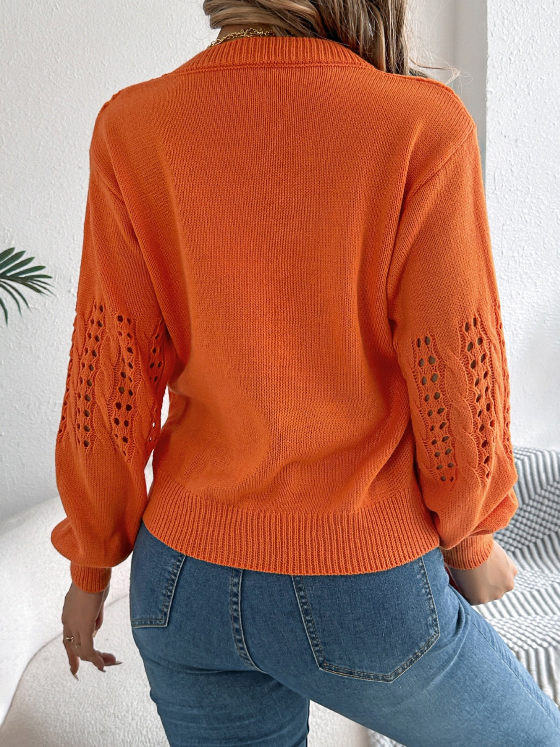 Openwork Round Neck Long Sleeve Sweater