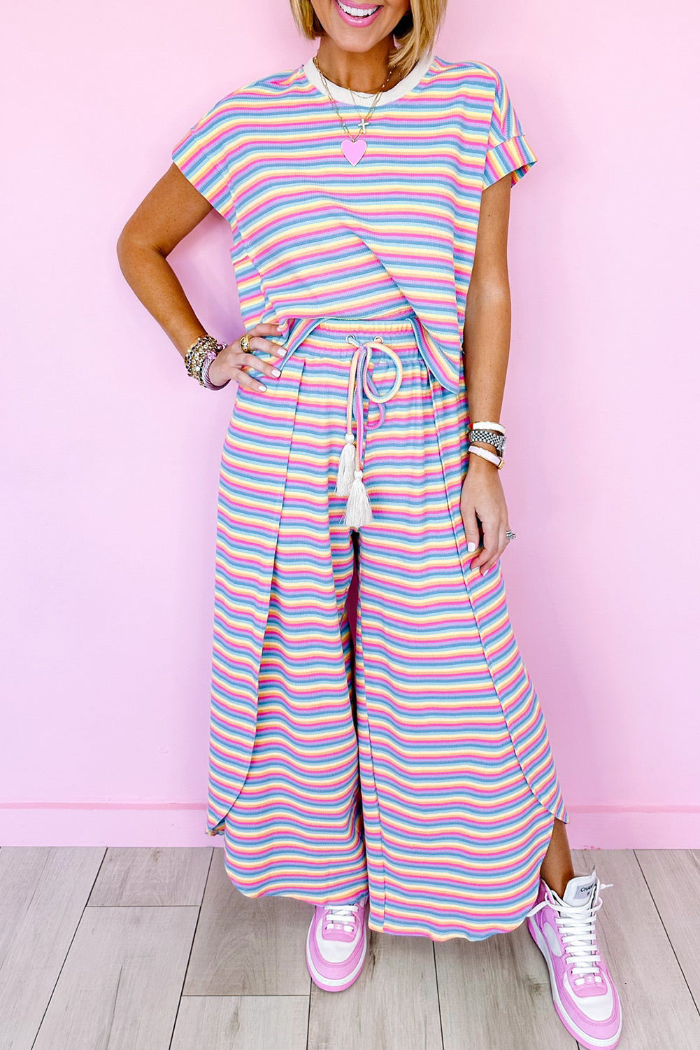 Black Stripe Rainbow Tee and Tassel Drawstring Wide Leg Pants Set