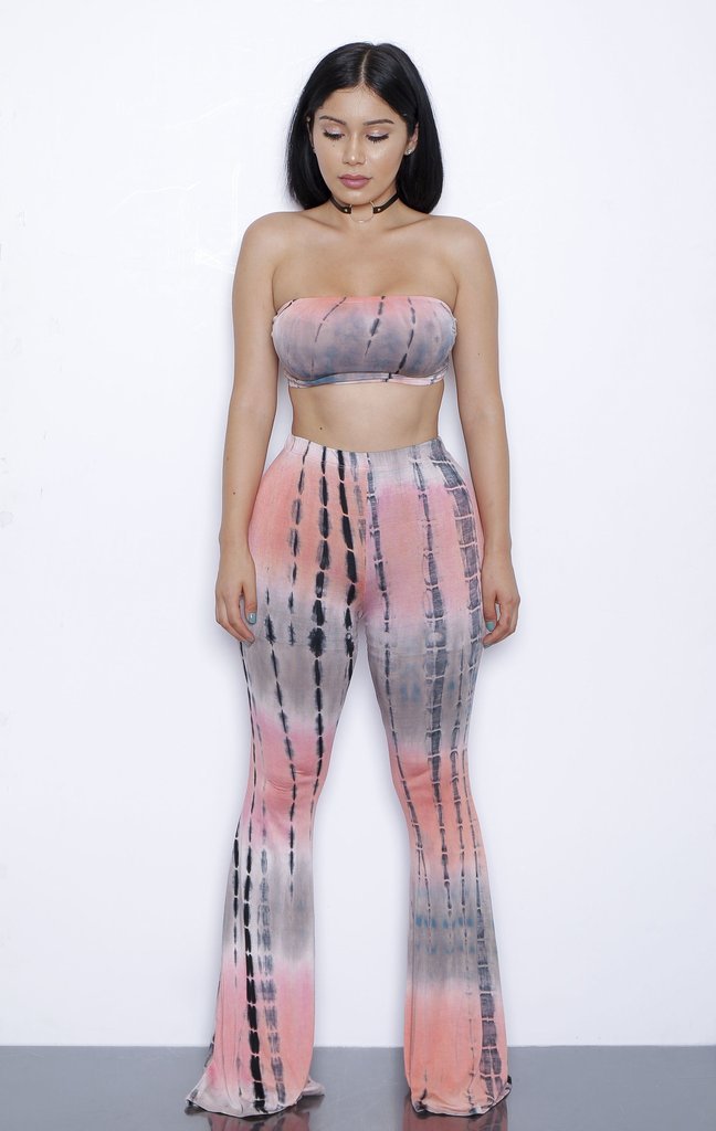 Tie Dye Bandage Tube Top And Flared Leg Pants Two Piece Outfit Sets