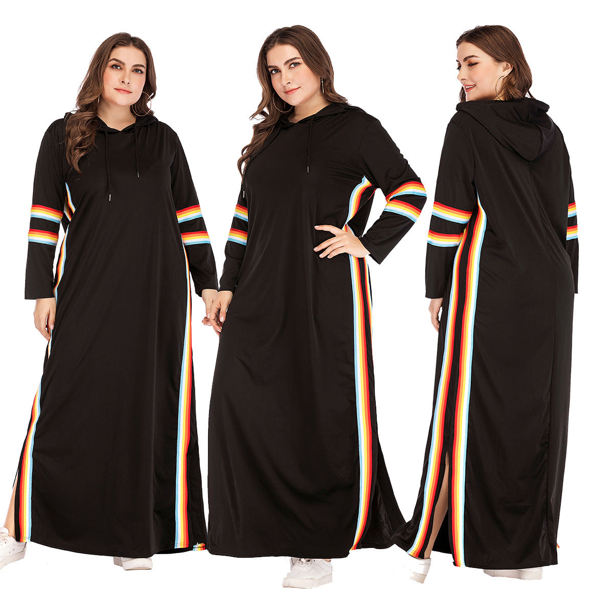 Long Sleeve Rainbow Trim Hoodie Sweatshirt Maxi Dress