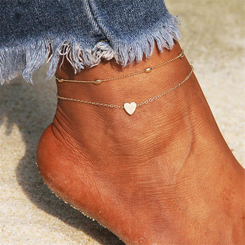 18K gold novel and fashionable double-layered beach style anklet with love design