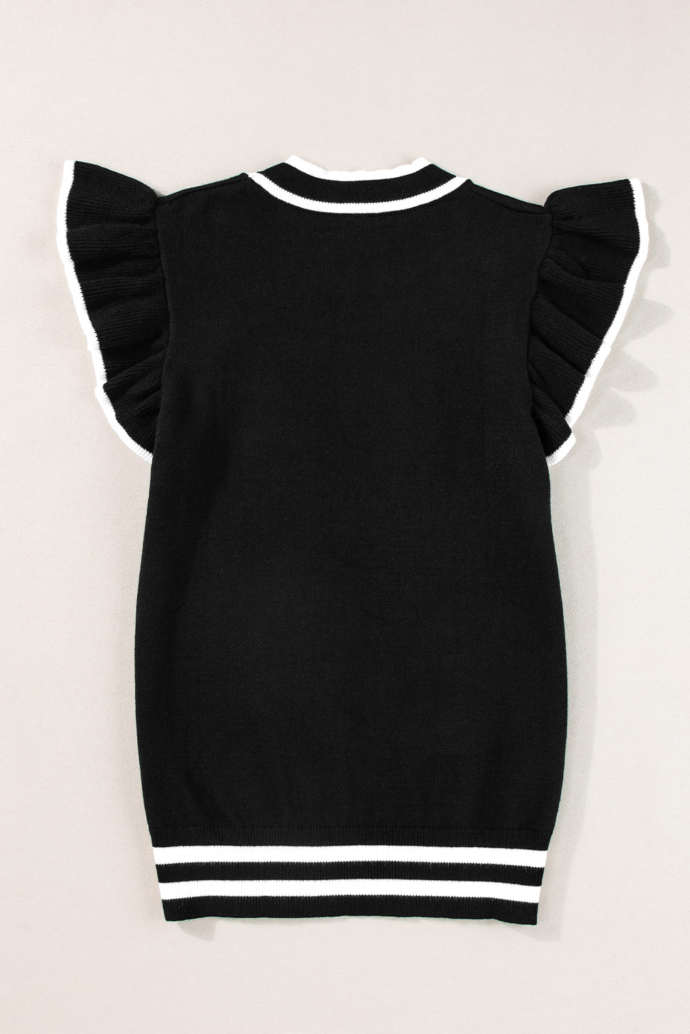 Black Edge Piping Ruffled Sleeve Round Neck Knit T-Shirt - Stylish Women's Top