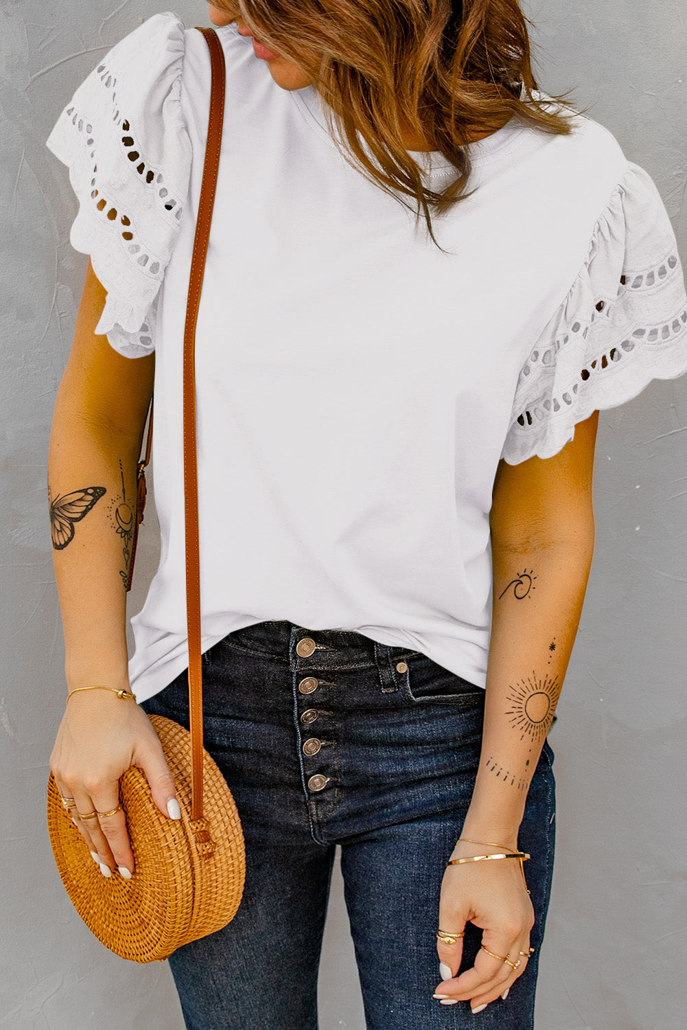 White Eyelet Butterfly Sleeve Business Casual Top