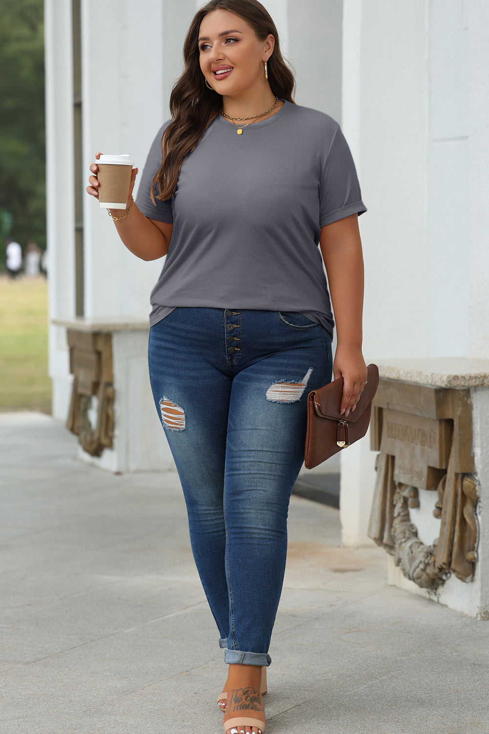 Rose Red Casual Plain Crew Neck Tee