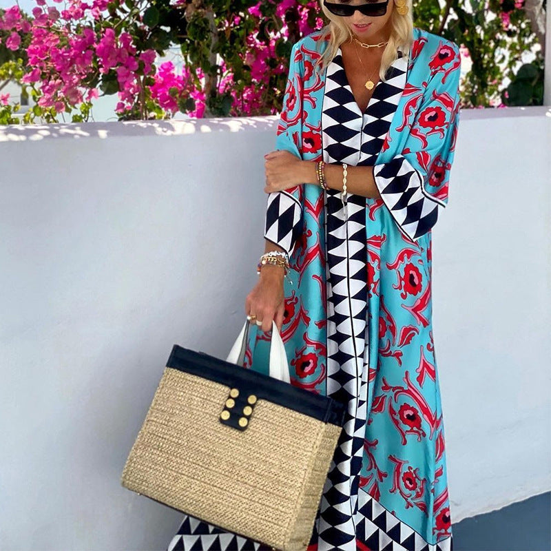 Ultra Bohemian Summer Slay Vacation Floral And Abstract Check Print Oversized Maxi Dress