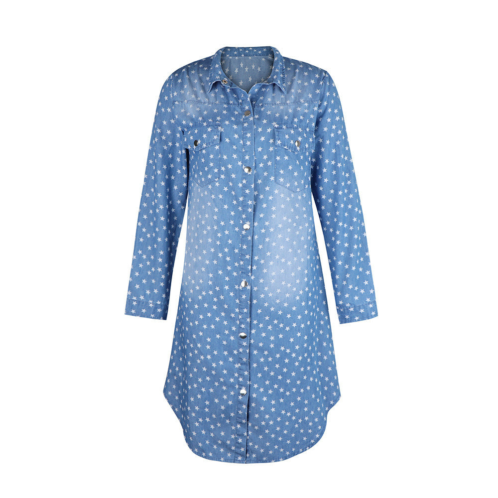 All Over Star Print Faded Denim Shirt Dress