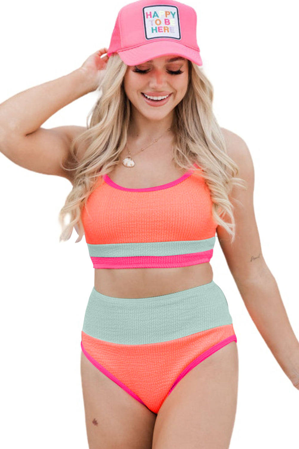 Beau Blue Color Block Textured High Waist Sexy Bikini Set