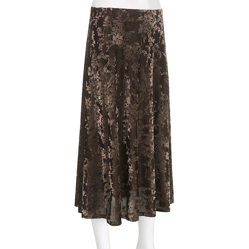 Vintage Dark Velvet Retro Printed Slim Ankle Length Skirt