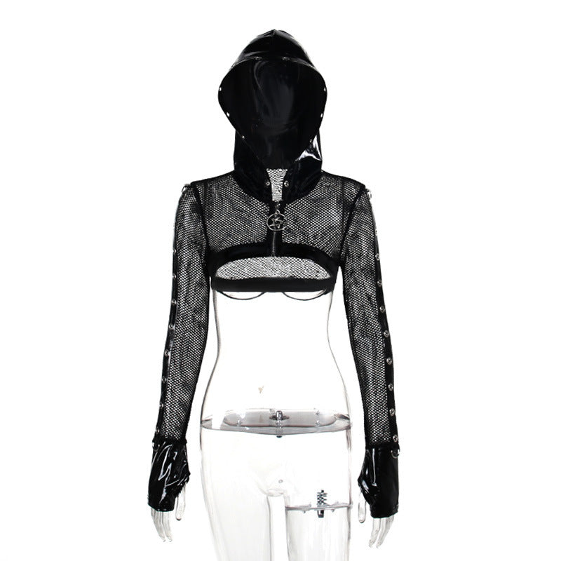 Dark Style Trendy Slim Fit Leather Look Hooded Cropped Blouse