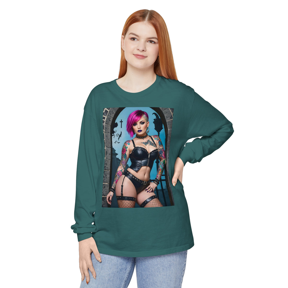 Goth Graveyard Girl Series - Design Six - Unisex Garment-dyed Long Sleeve T-Shirt