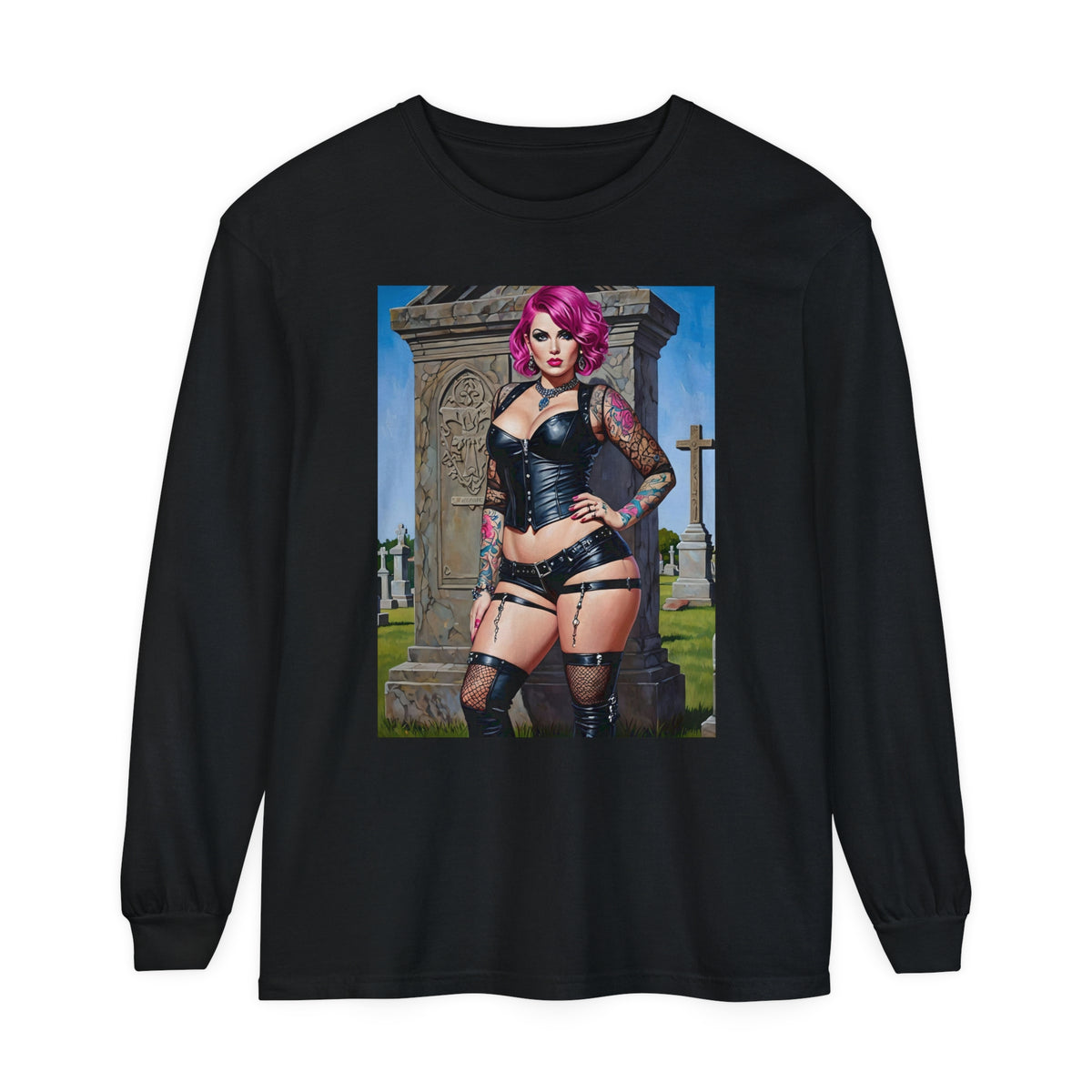 Goth Graveyard Girl Series - Design Two - Unisex Garment-dyed Long Sleeve T-Shirt