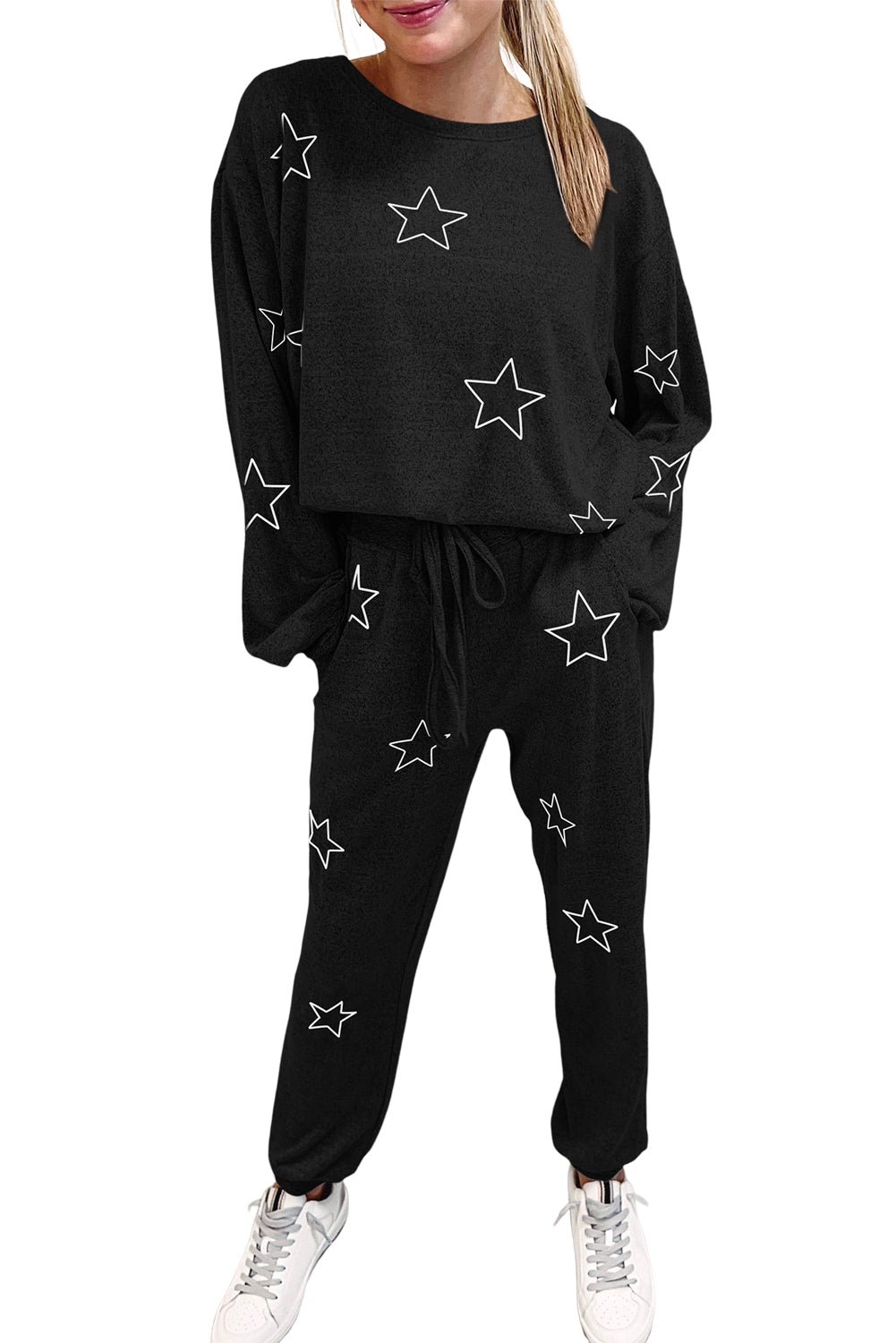 Gray Stars Print Long Sleeve Top and Drawstring Pants Set