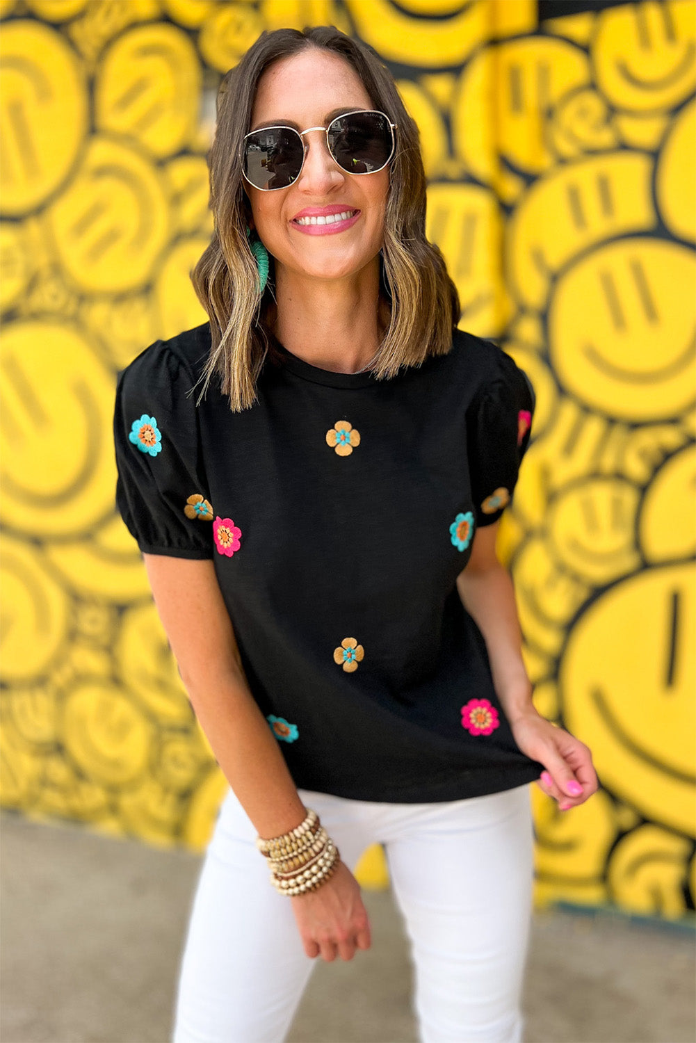 Black Embroidered Flower Short Puff Sleeve Tee