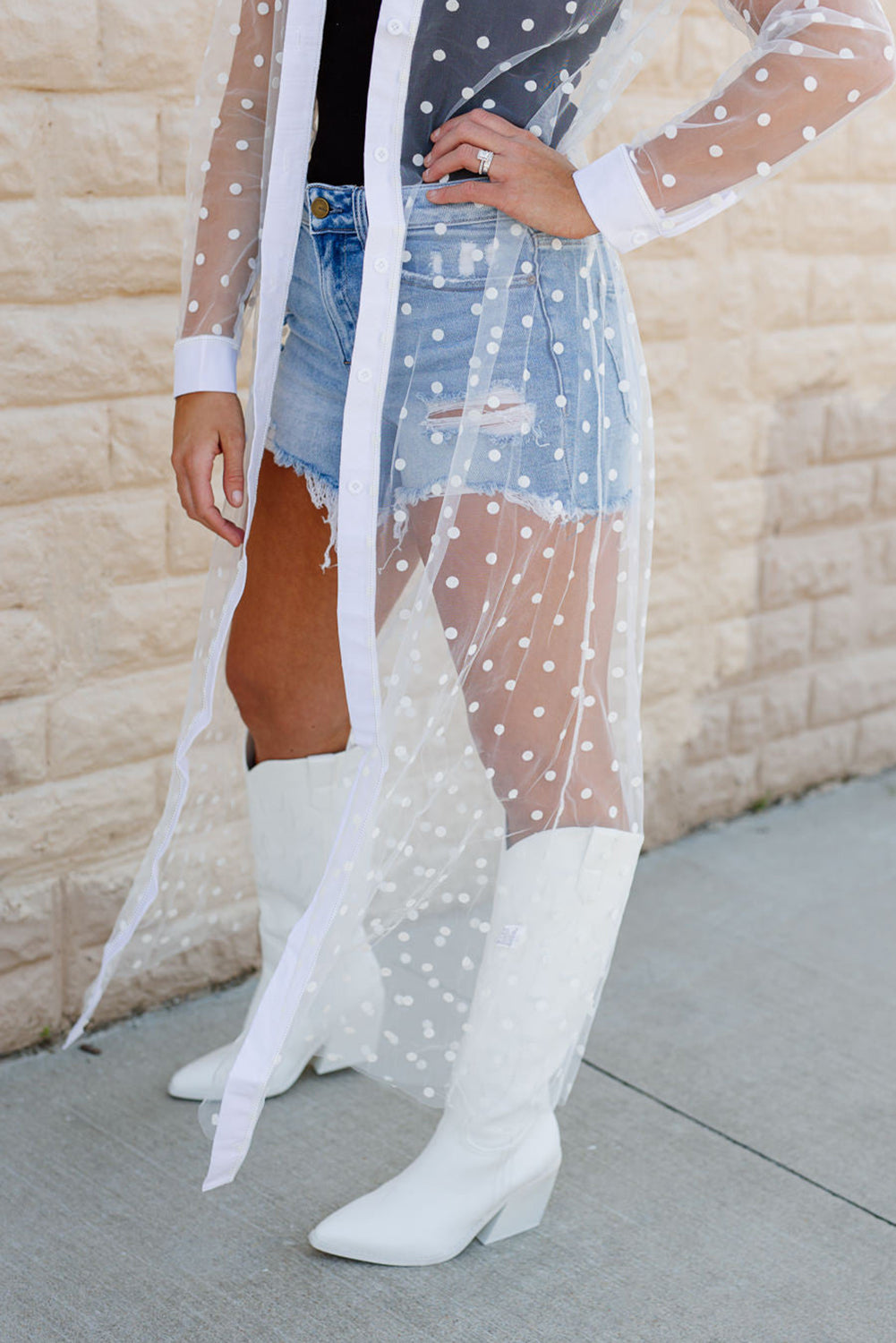 White Polka Dot Print Mesh Duster Kimono | Collared Button-Up Women’s Outerwear