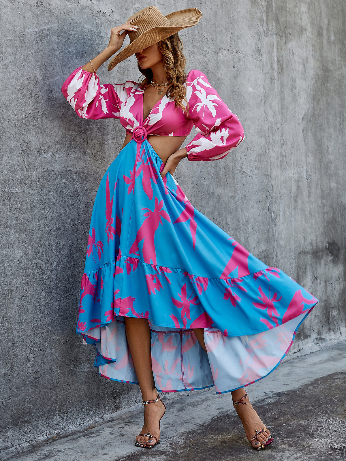 Pink And Blue Floral Print Medium Length Irregular Hem Bohemian V Neck High Waist Crossed Back Strap High Split Dress