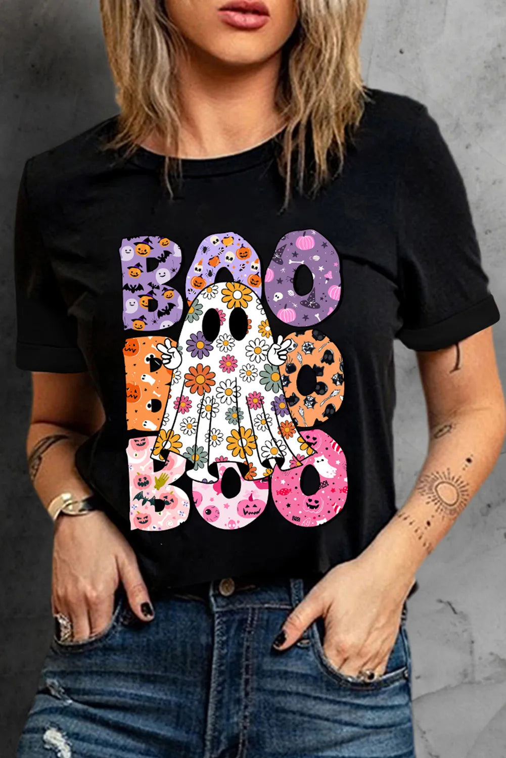 BOO Ghost Graphic Cute Halloween Round Neck Short Sleeve Graphic Print T-Shirt