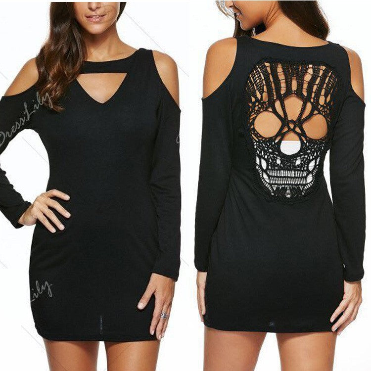 Little Black Skeleton Key Cold Shoulder Long Sleeved Slim Fit Tunic Dress