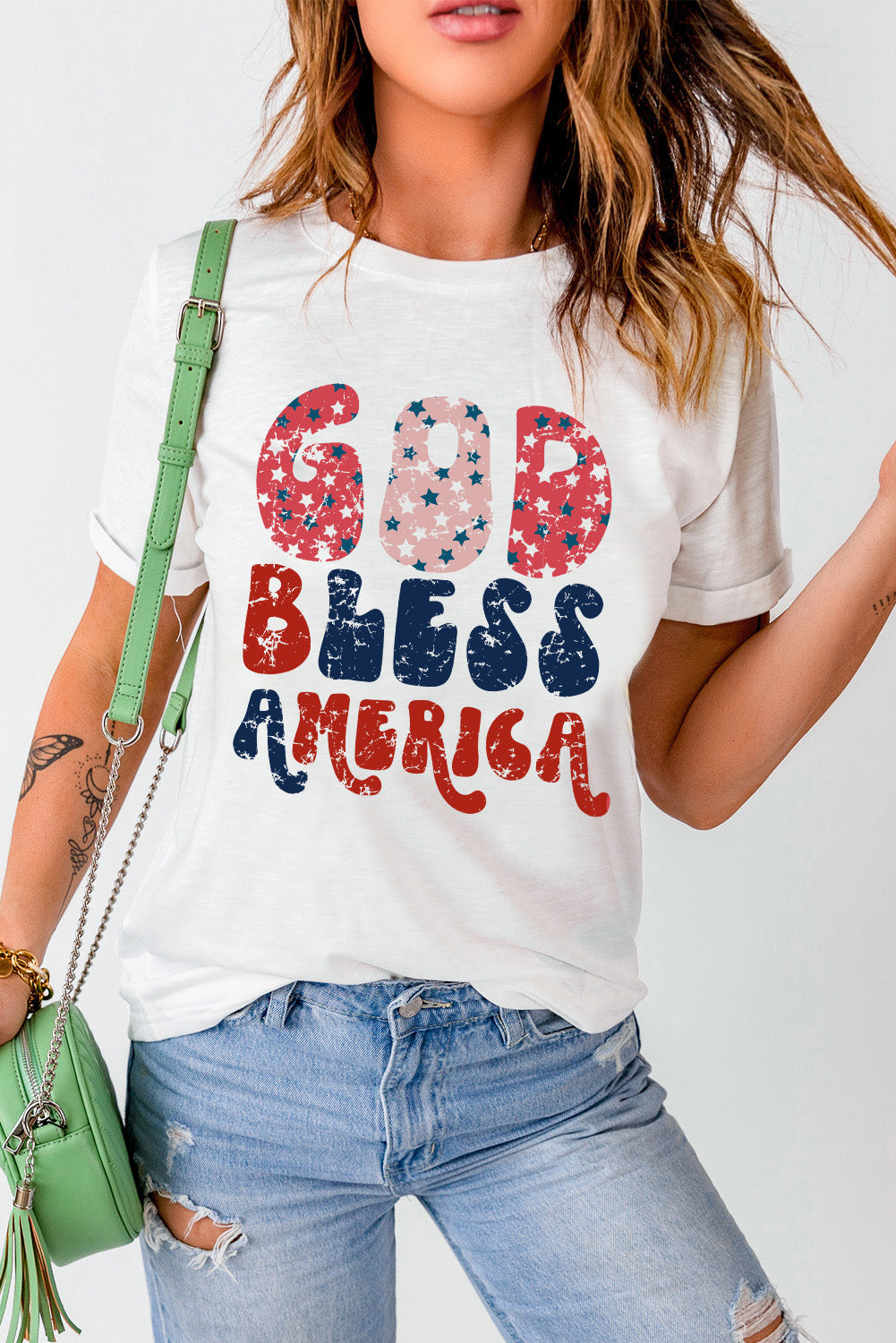 White God Bless America Graphic Round Neck Tee