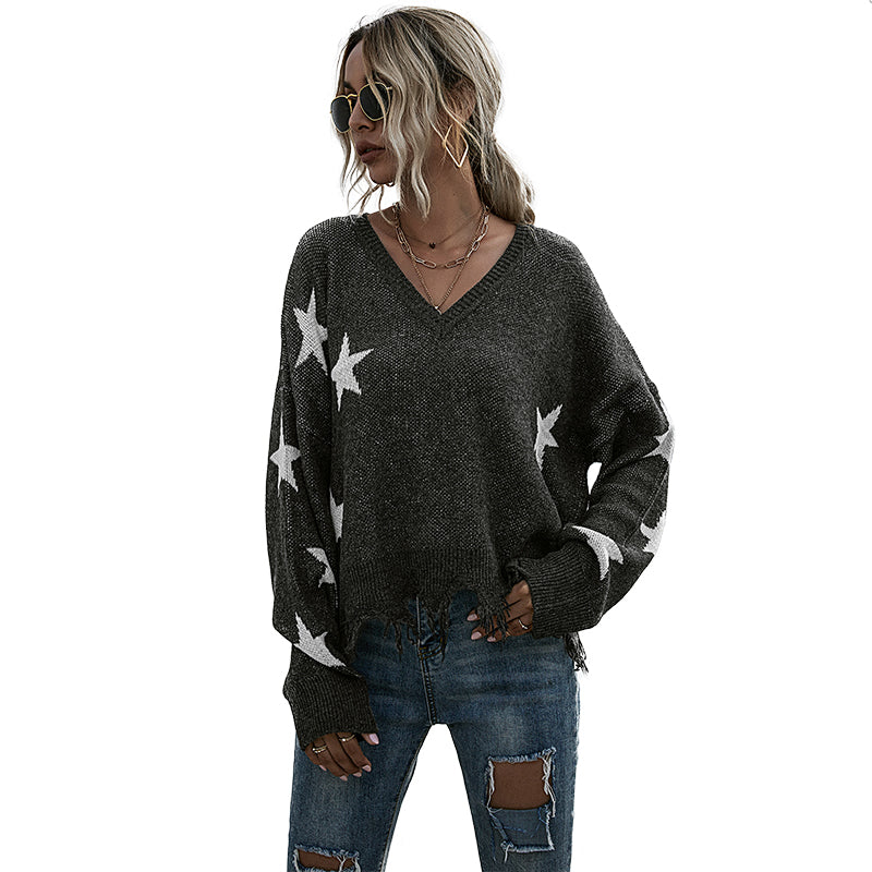 Boho Oversized Sweatshirt Star Graphic Print Long Sleeved Top