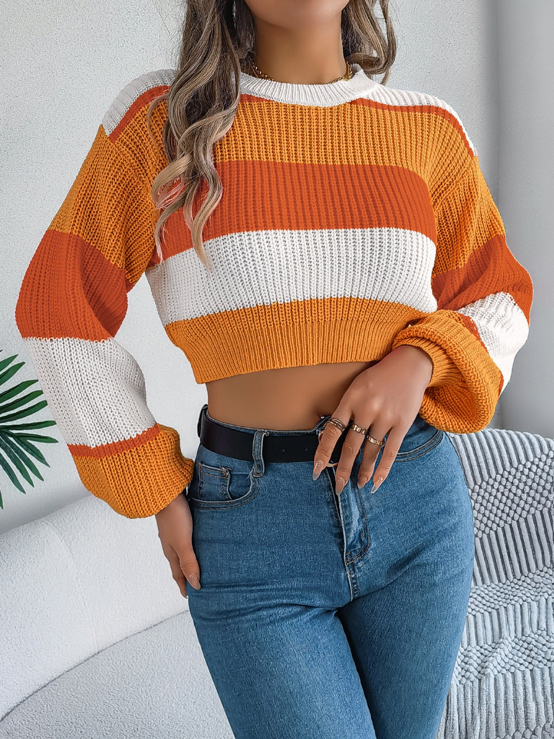 Striped Color Block Round Neck Cropped Sweater