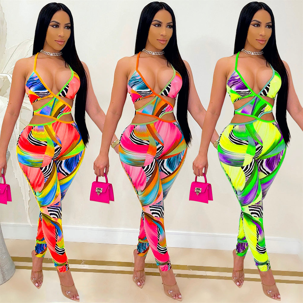 Festival Fashion Bright And Sexy Neon Print Cross-Tie Nightclub Jumpsuit