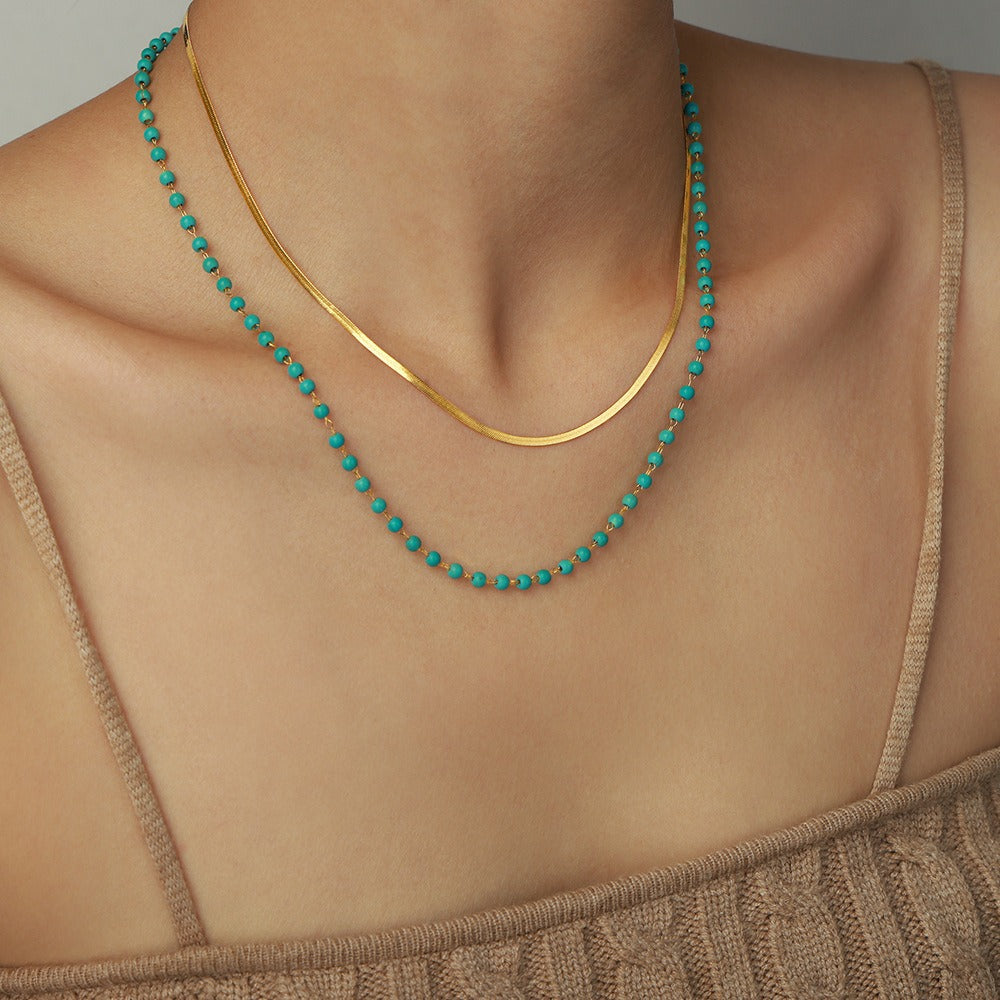 18k gold light luxury fashion clavicle chain with turquoise double-layer stacked design necklace