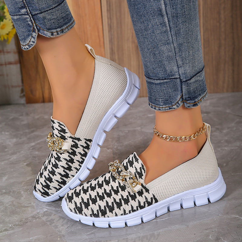 Houndstooth Print Chain Mesh Slip On Loafer Shoe Style Casual Sneakers