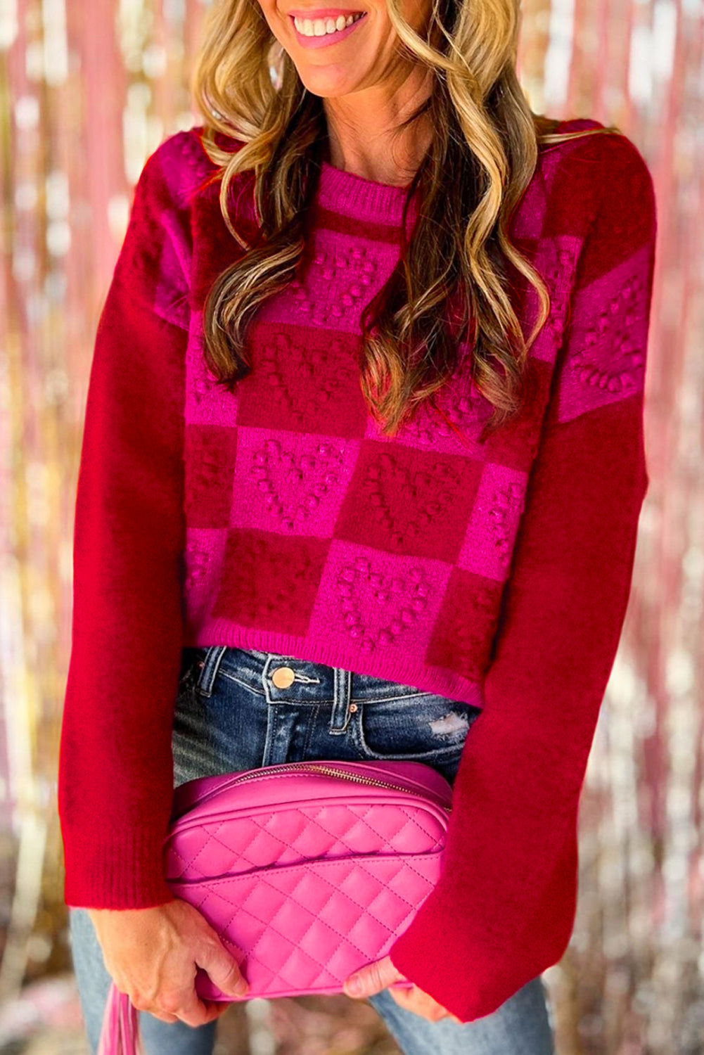 Multicolor Checkered Pattern Pompom Heart Knitted Sweater