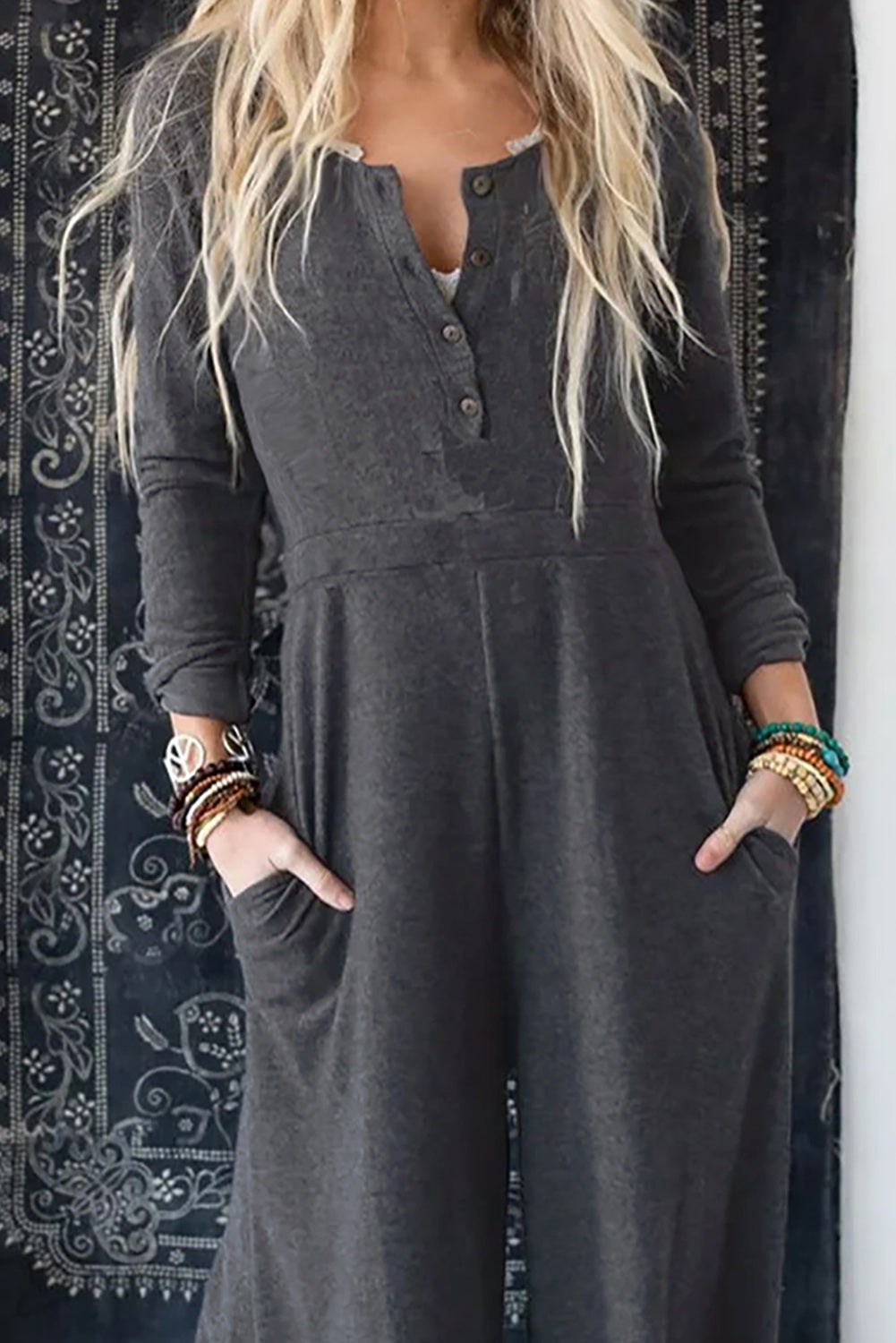 Dark Grey Henley Long Sleeve Wide Leg Jumpsuit with Pockets