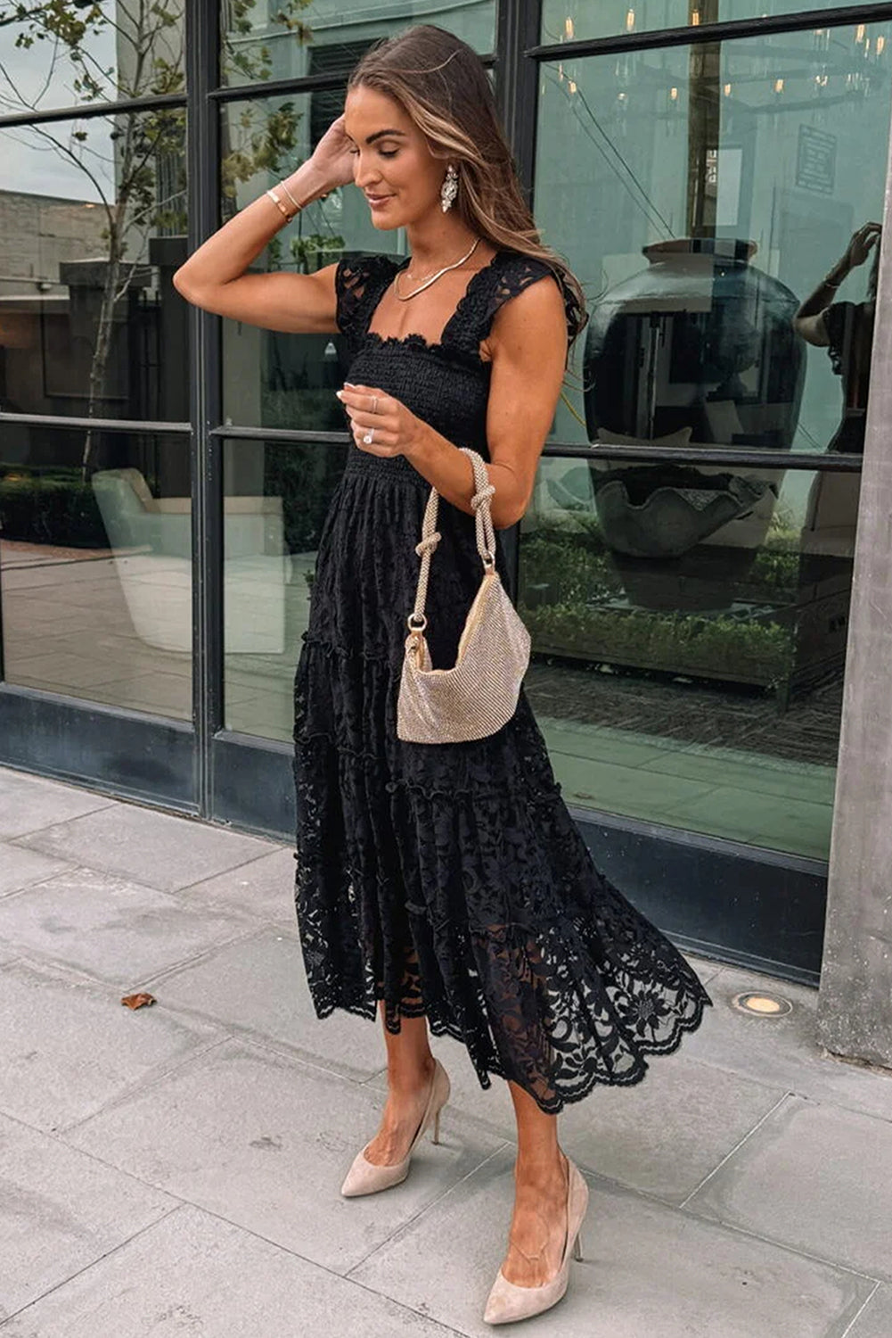 Black Lace Smocked Bodice Sleeveless Midi Dress - Elegant Women's Cocktail Dress