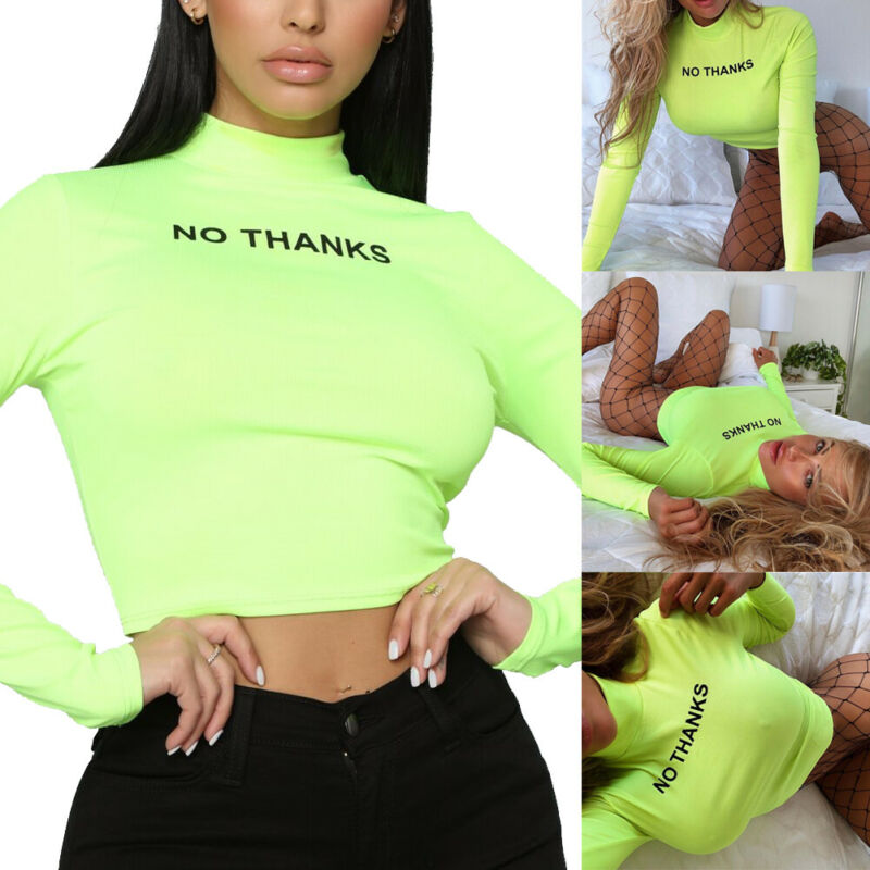 Neon Green Slim Print Long Sleeve No Thanks Crop Top