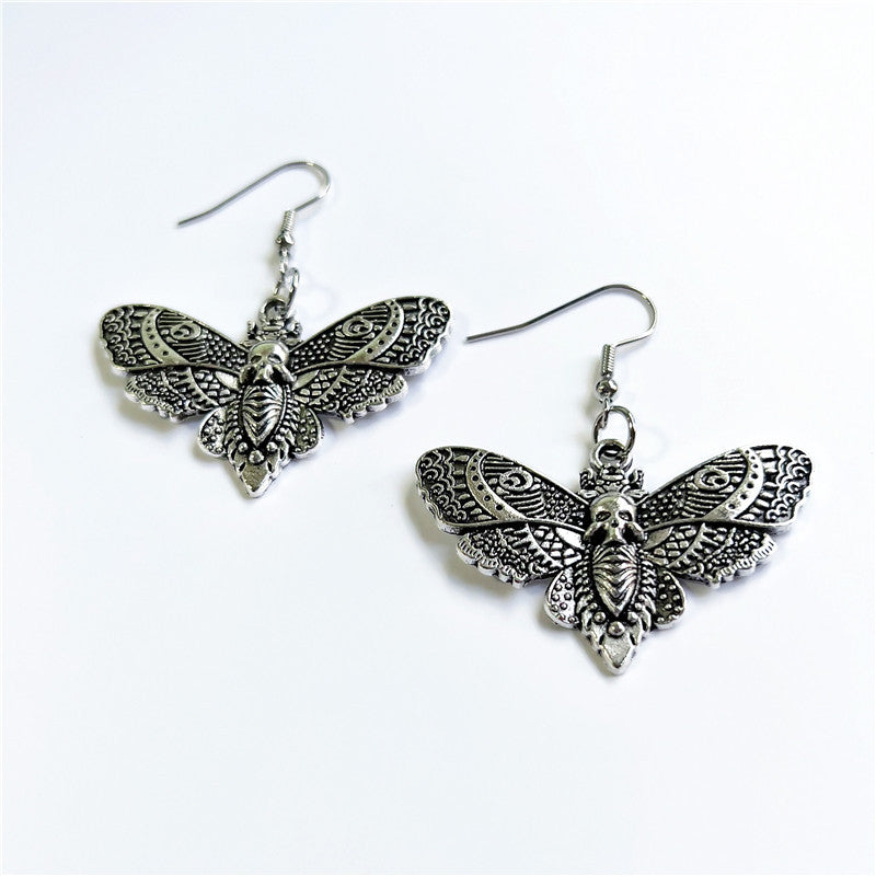 Gothic Silver Skull Moth Earrings