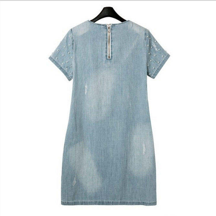 Denim And Pearls Short Sleeved Faded Denim Minidress