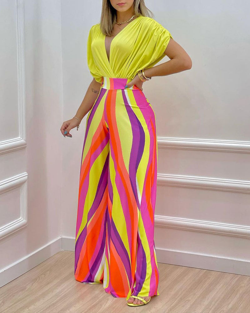 Summer Deep V Pleated Blouse With Printed Wide Leg Neon Swirl Pants Two Piece Outfit Set