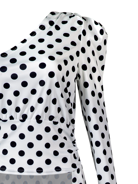 Slant-Shoulders Polka-Dot Long Top H9ZVV56MFK