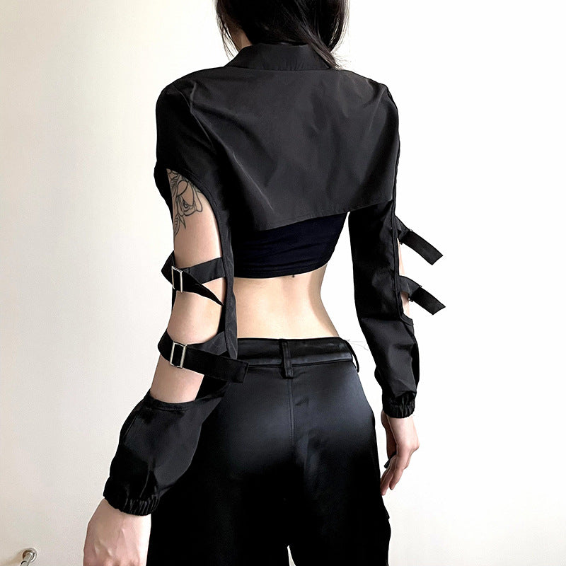 Dark Style Irregular Short Cropped Zip Collar Top Buckled Open Lantern Sleeve