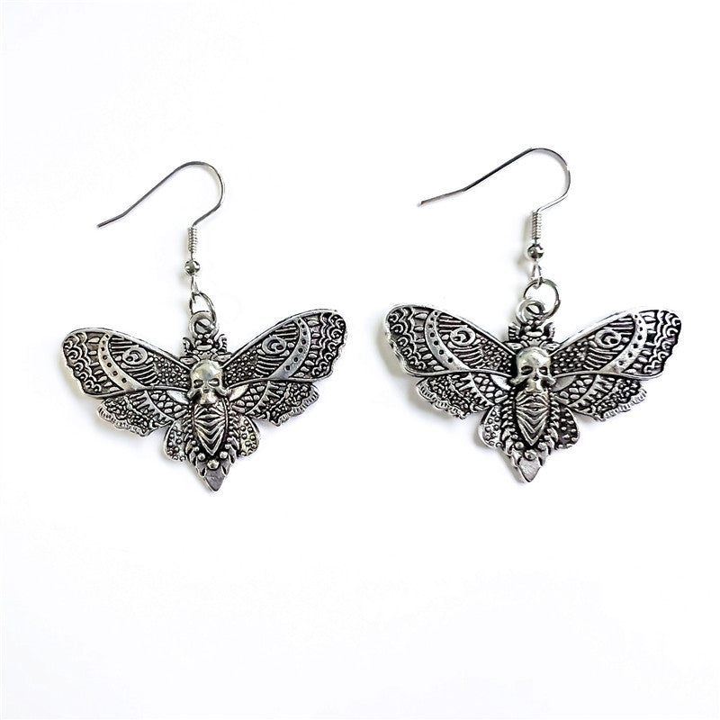 Gothic Silver Skull Moth Earrings