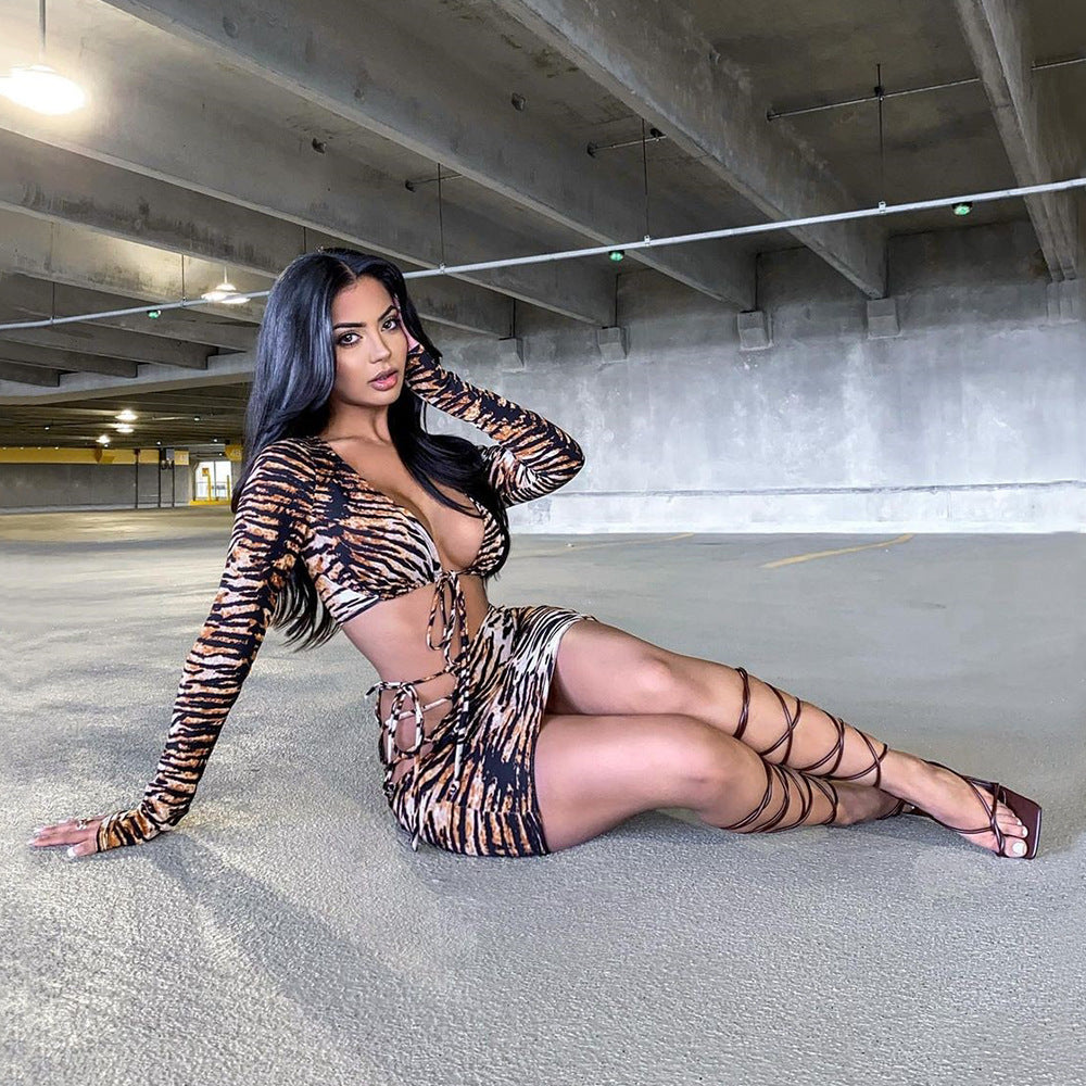 Sexy Long Sleeve Tiger Print Tie Front Crop Top And Micro Mini Skirt Two Piece Set