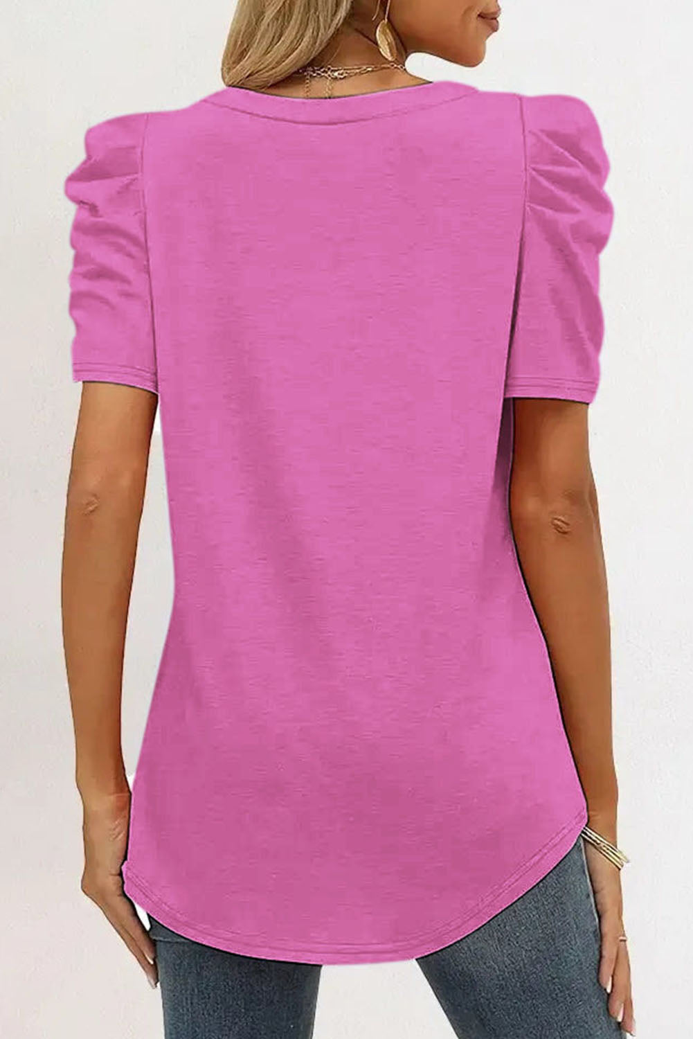 Black Puff Sleeve Casual V Neck T-Shirt