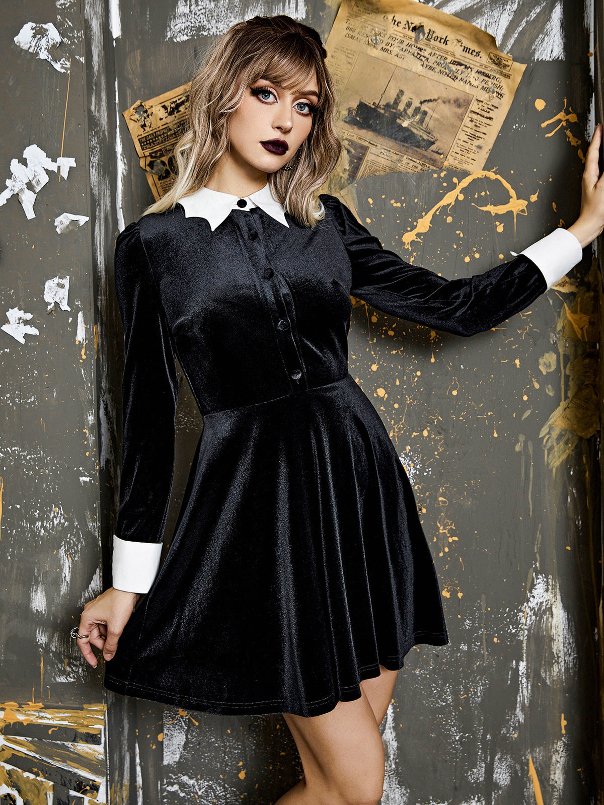 Bat Collar Goth Style Contrast Color Slim Fit Velvet Dress