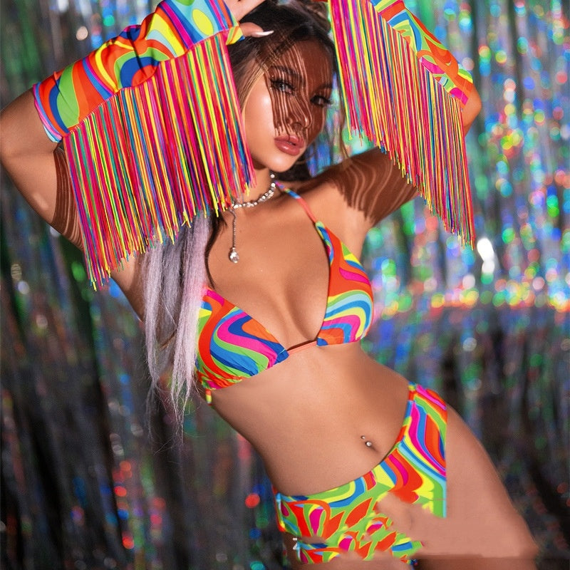 Sexy Candy Colored Tassel Bikini Set Bright Neon Colors Festival Fashion