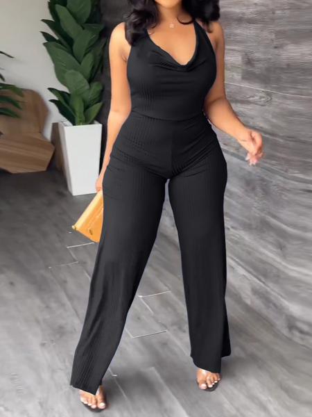 V-Pile Tie - Up Backless Casual Wide-Leg Jumpsuit
 HWUBKQ2MHQ