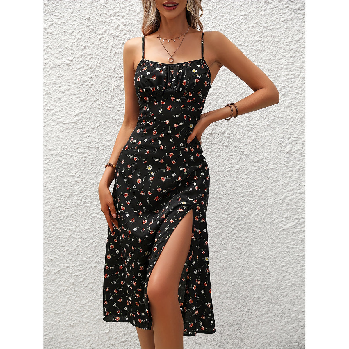 New Polka Dot Print Spaghetti Strap Sexy Slit Maxi Dress