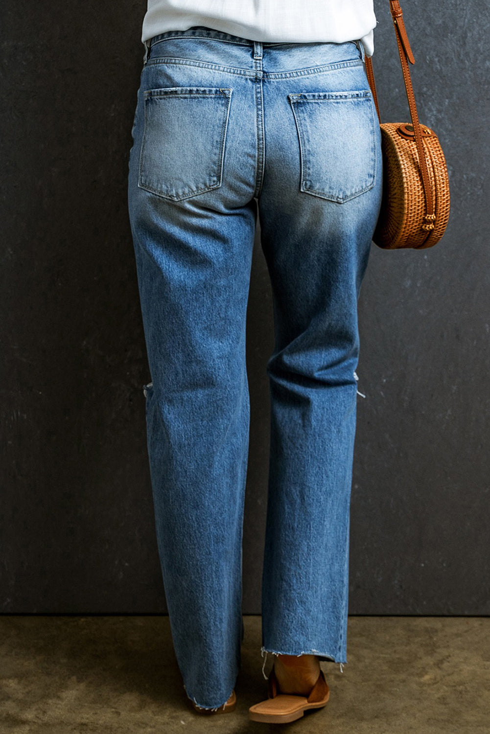 Light Blue Acid Wash Distressed Straight Leg Jeans