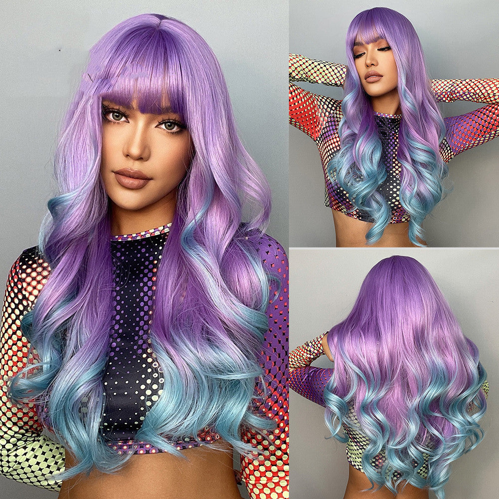 Cosplay Colored Wig With Long Curly Bangs Purple And Blue Gradient Hair