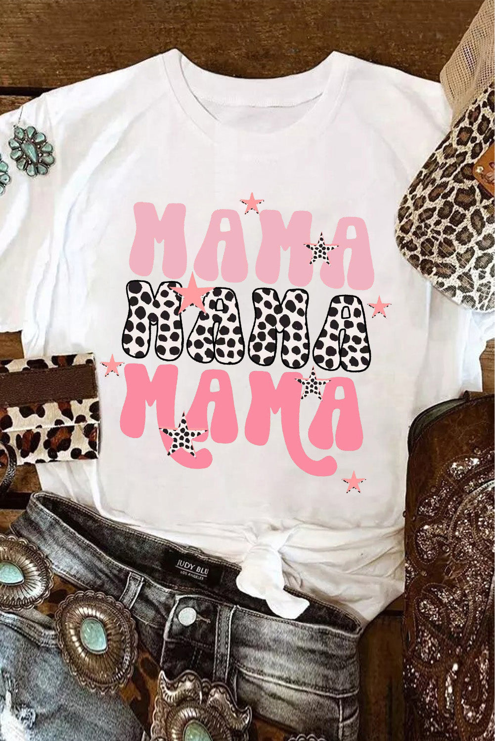 White Leopard And Pink Short Sleeved Mama With Stars Graphic Tee Shirt