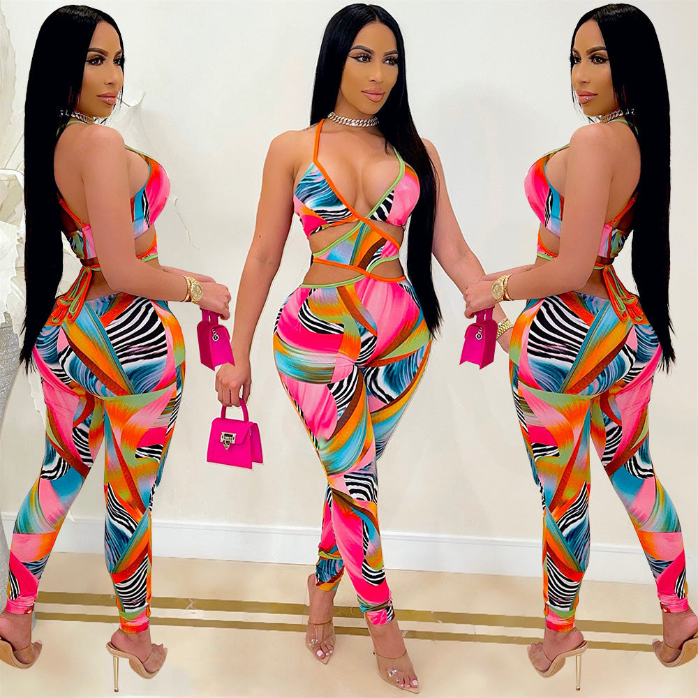 Festival Fashion Bright And Sexy Neon Print Cross-Tie Nightclub Jumpsuit