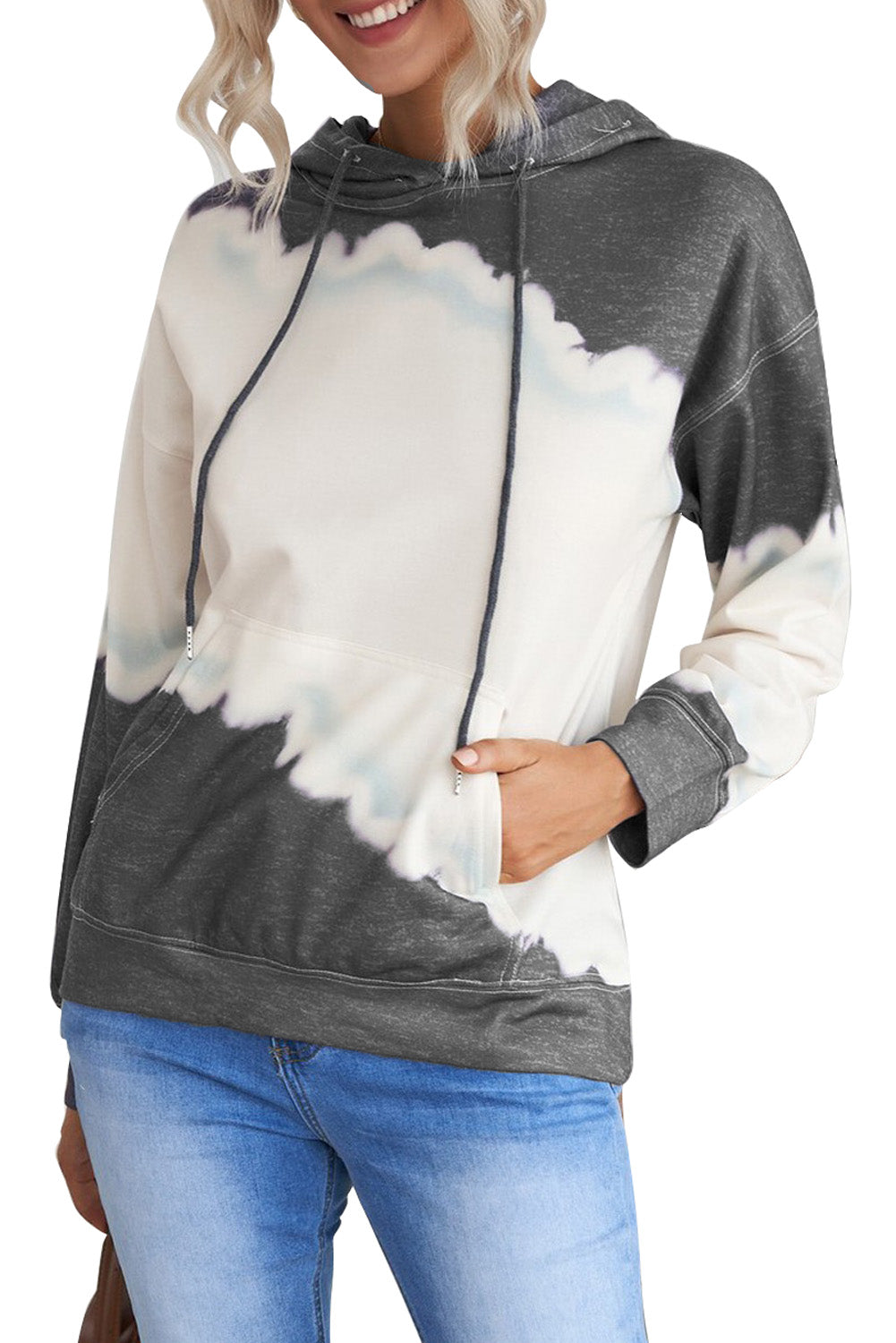 Wholesale Grey Tie Dye Print Kangaroo Pocket Hoodie