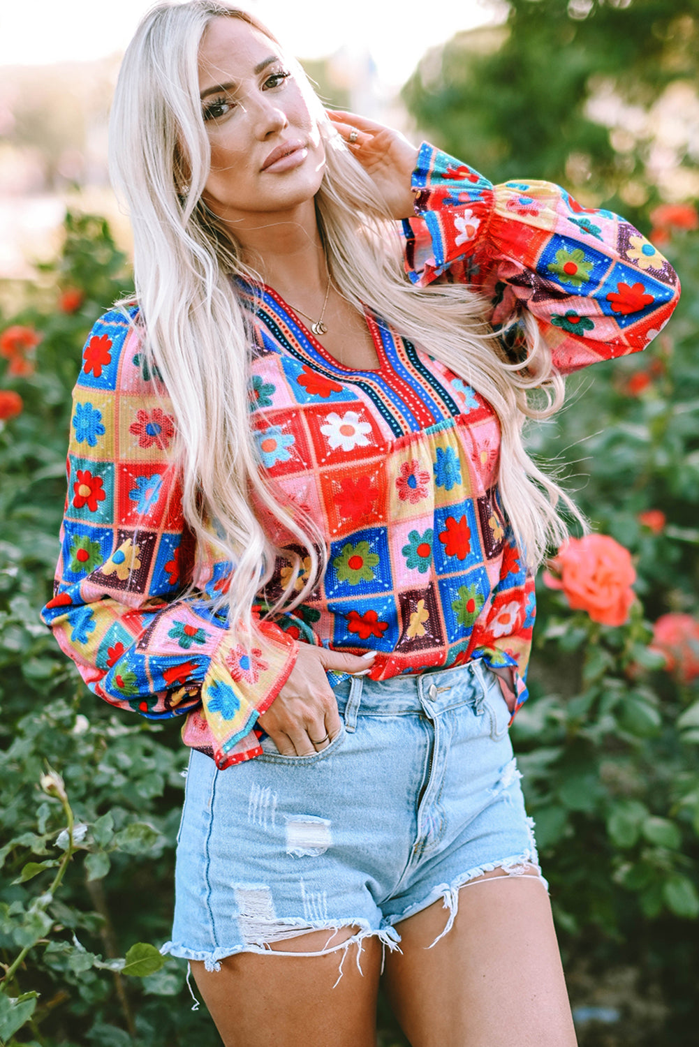 White Checkered Flower Print Boho Bubble Sleeve Blouse