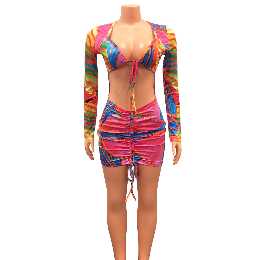 Sexy Long Sleeve Sweetheart Tummy Cut Out Rouched Bottom Neon Abstract Print Nightclub Fashion Mini Dress